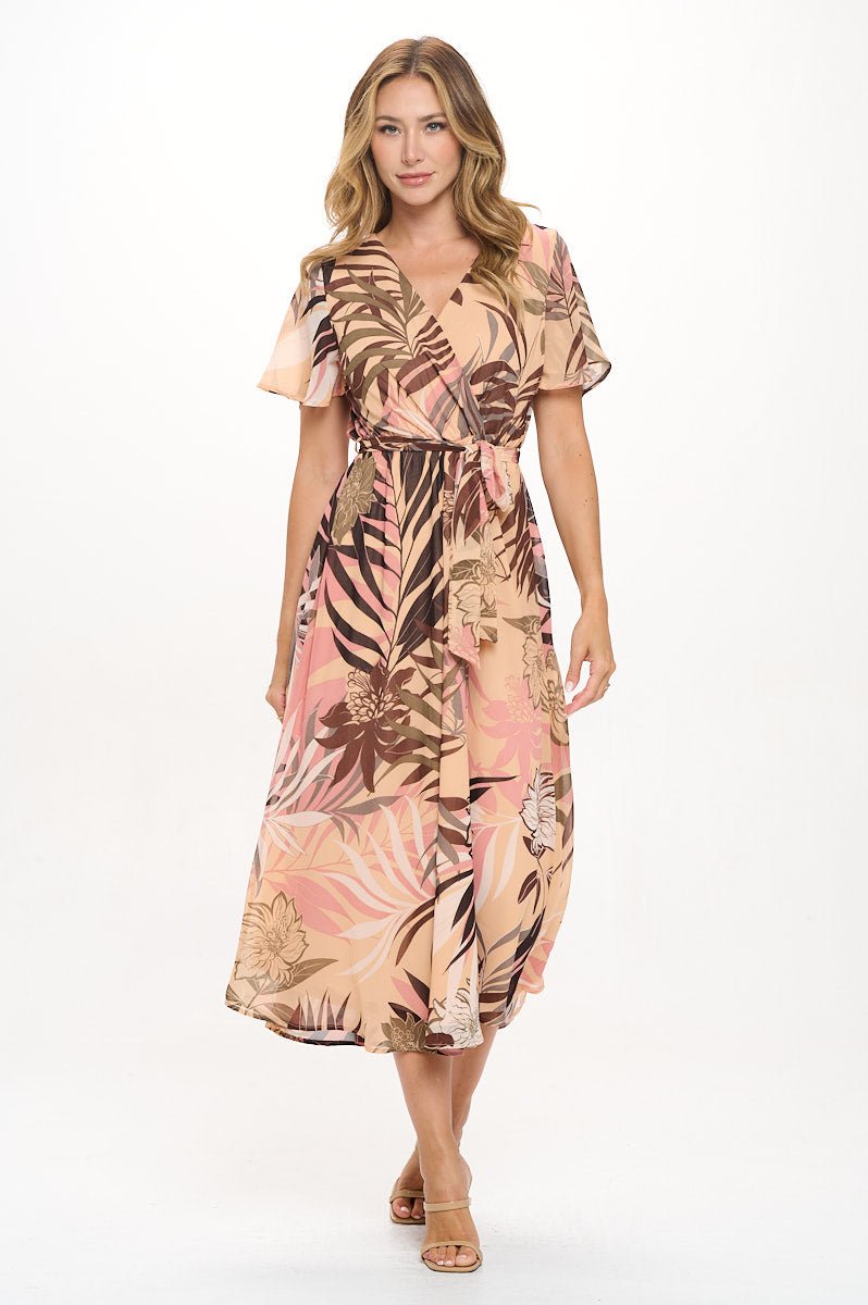 Image of West K Mira Flutter Sleeve Surplice Neck Georgette Midi Dress Mauve Floral