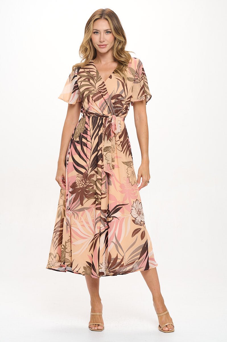 Image of West K Mira Flutter Sleeve Surplice Neck Georgette Midi Dress Mauve Floral