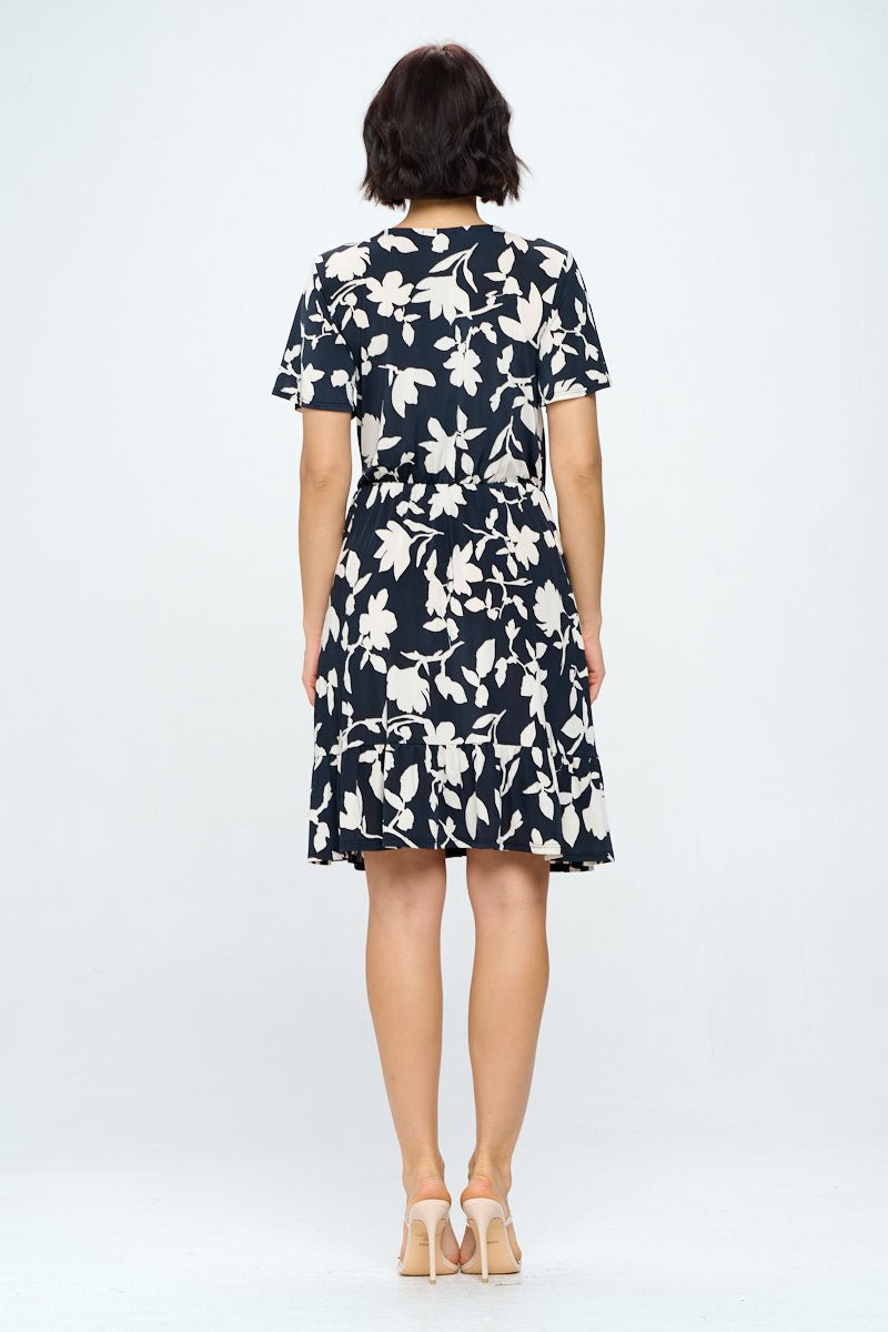 Image of West K Monica Short Sleeve Faux - Wrap Dress Black Ivory Floral