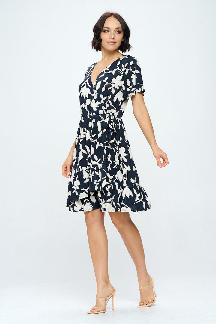 Image of West K Monica Short Sleeve Faux - Wrap Dress Black Ivory Floral