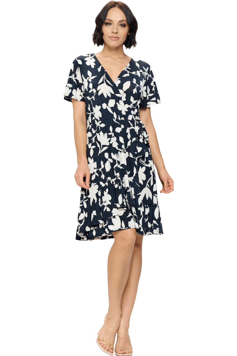 Image of West K Monica Short Sleeve Faux - Wrap Dress Black Ivory Floral