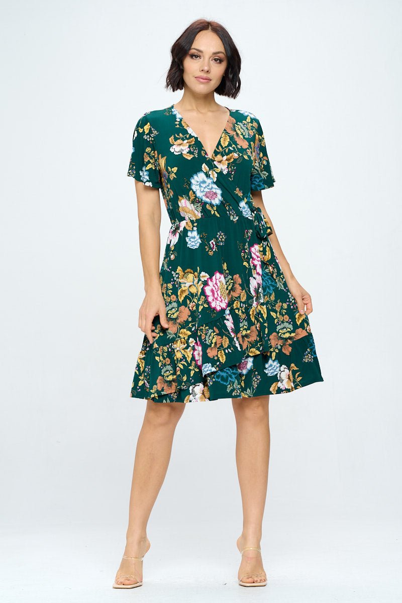 Image of West K Monica Short Sleeve Faux - Wrap Dress Dark Green Floral