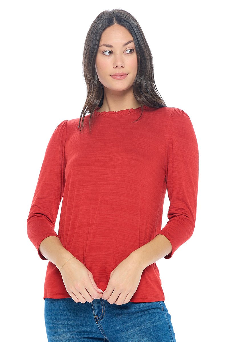 Image of West K Myra Three Quarter Sleeve Slub Tee with Ruffled neckline Fine Rust