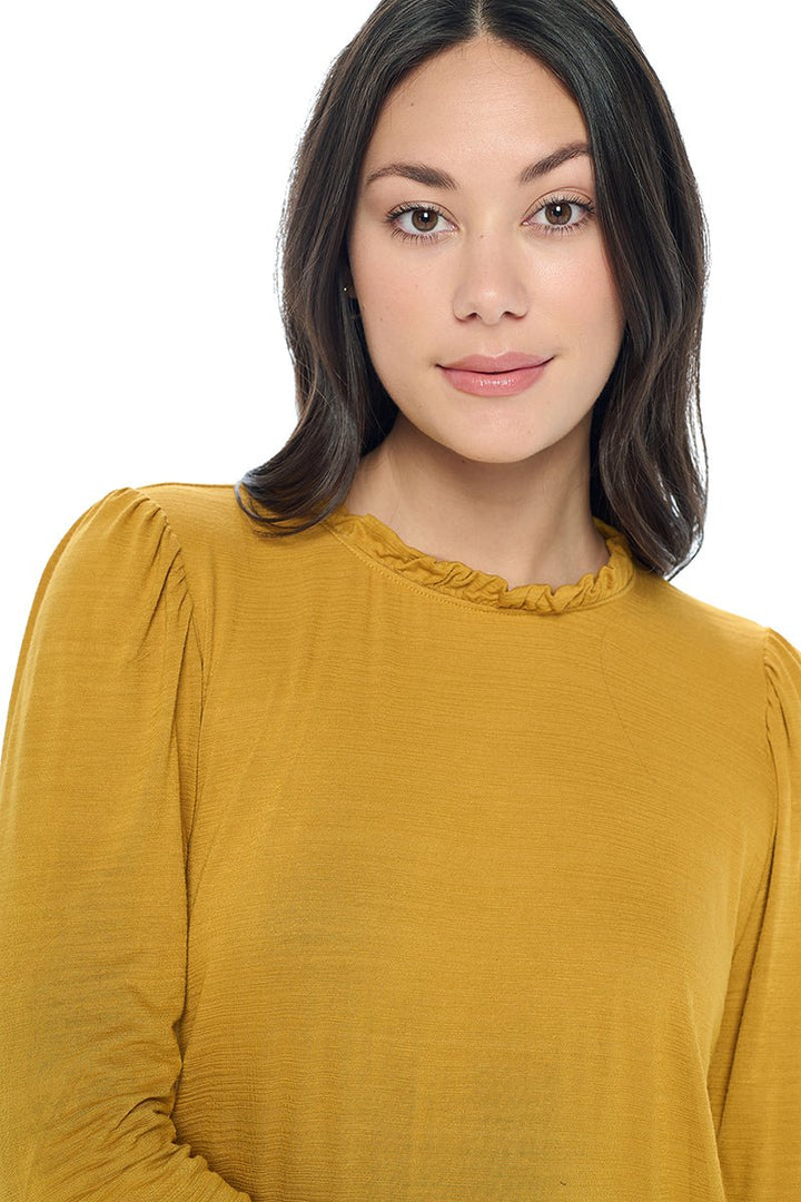 Image of West K Myra Three Quarter Sleeve Slub Tee with Ruffled neckline Mustard