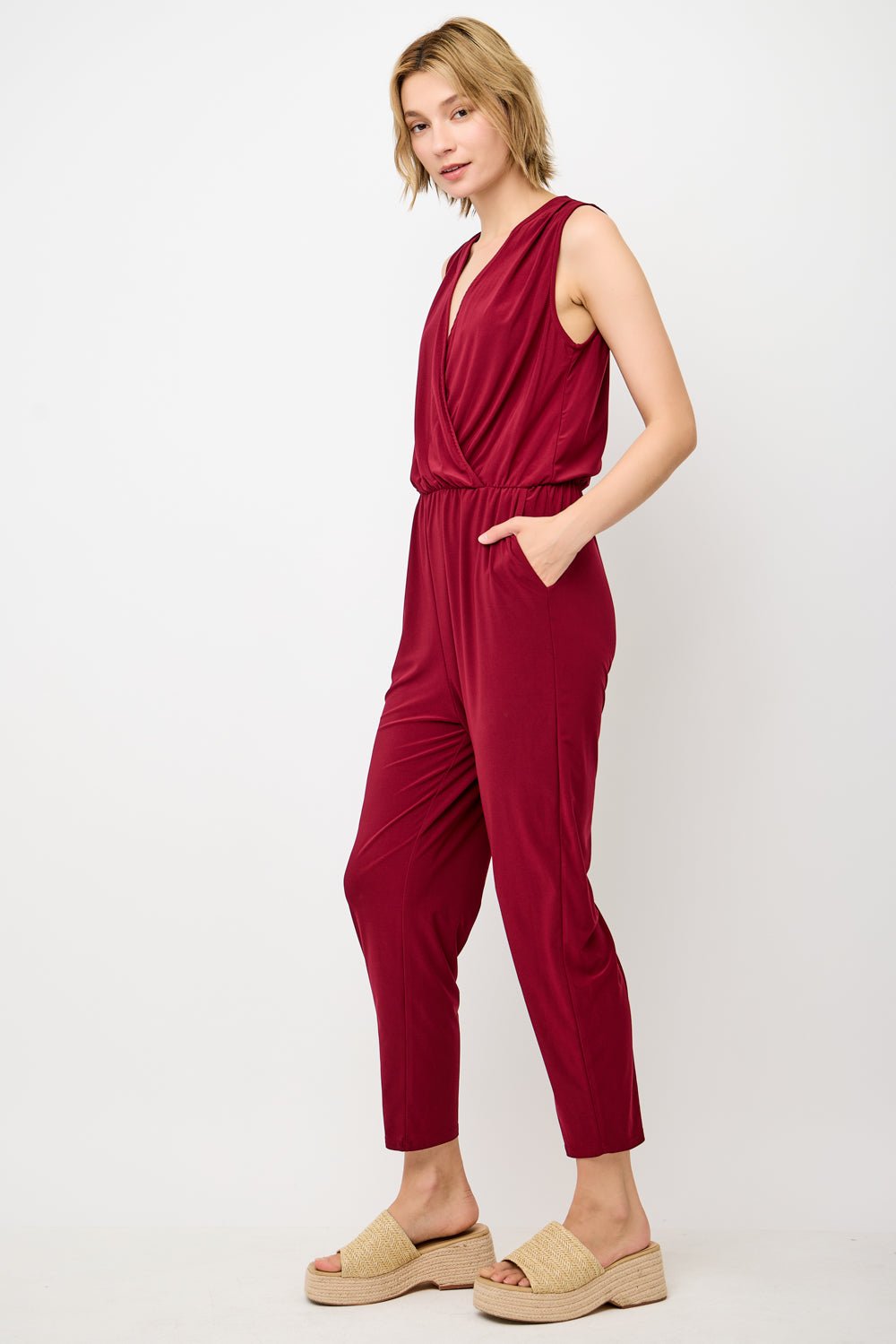 Image of West K Naima Sleeveless V - Neck Elastic Waist Jumpsuit Burgundy