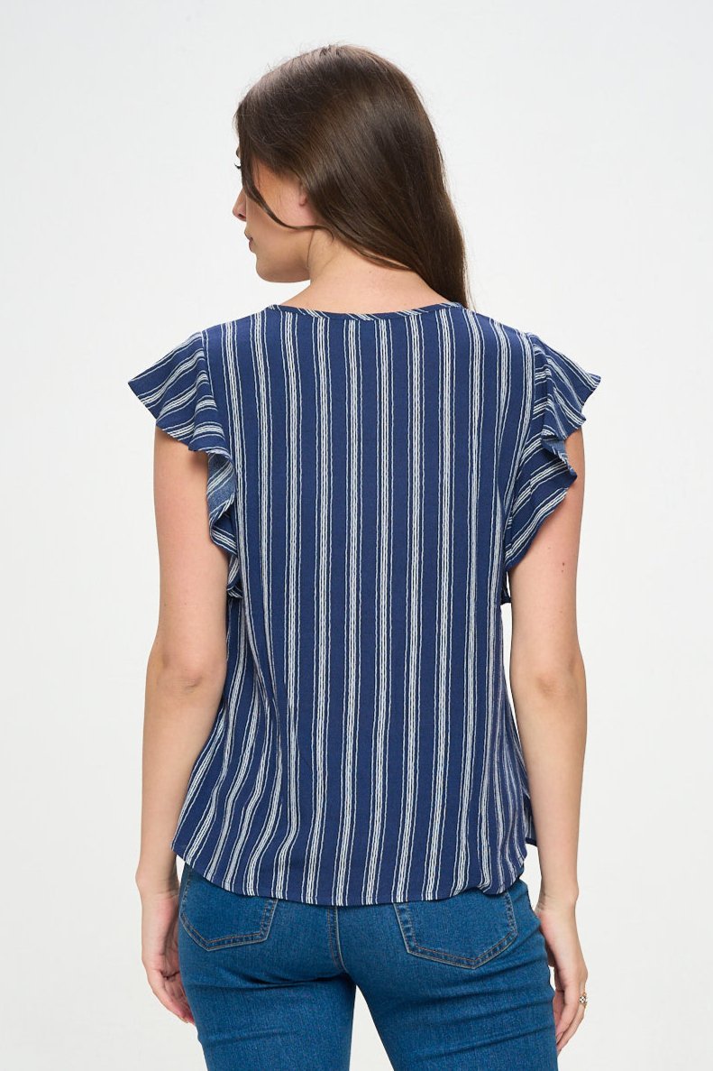 Image of West K Nicole V - neck Flutter Sleeve Top Dark Blue Stripe