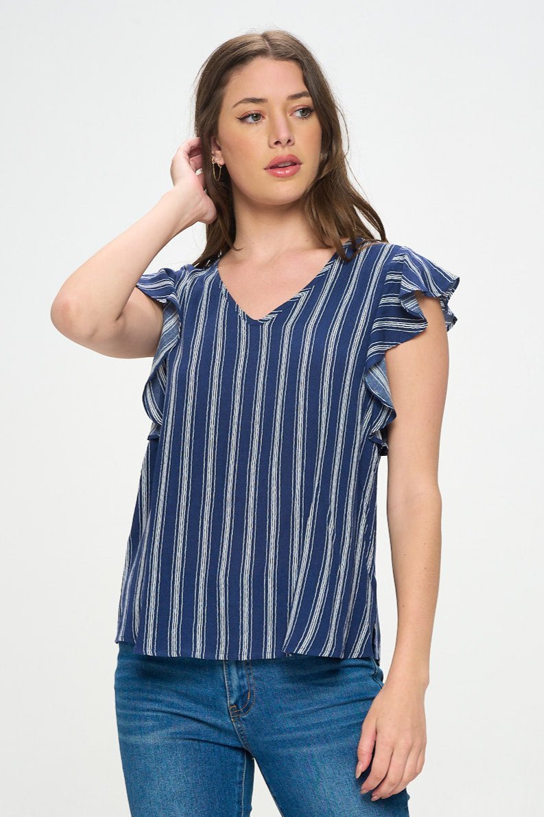 Image of West K Nicole V - neck Flutter Sleeve Top Dark Blue Stripe