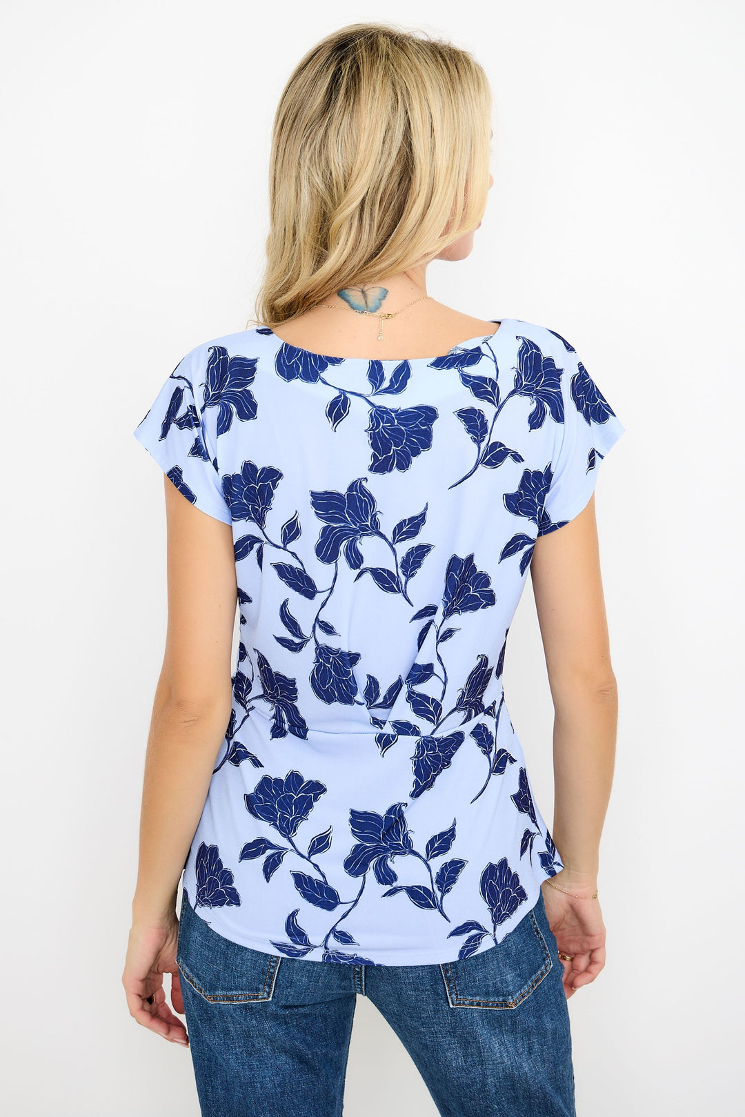 Image of West K Noa Waist Tucked Short Sleeve Blouse Blue Combo Floral