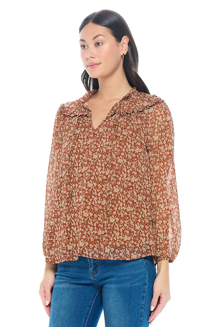 Image of West K Nova Chiffon Ruffle Long Sleeve Blouses Rust Ditzy Floral