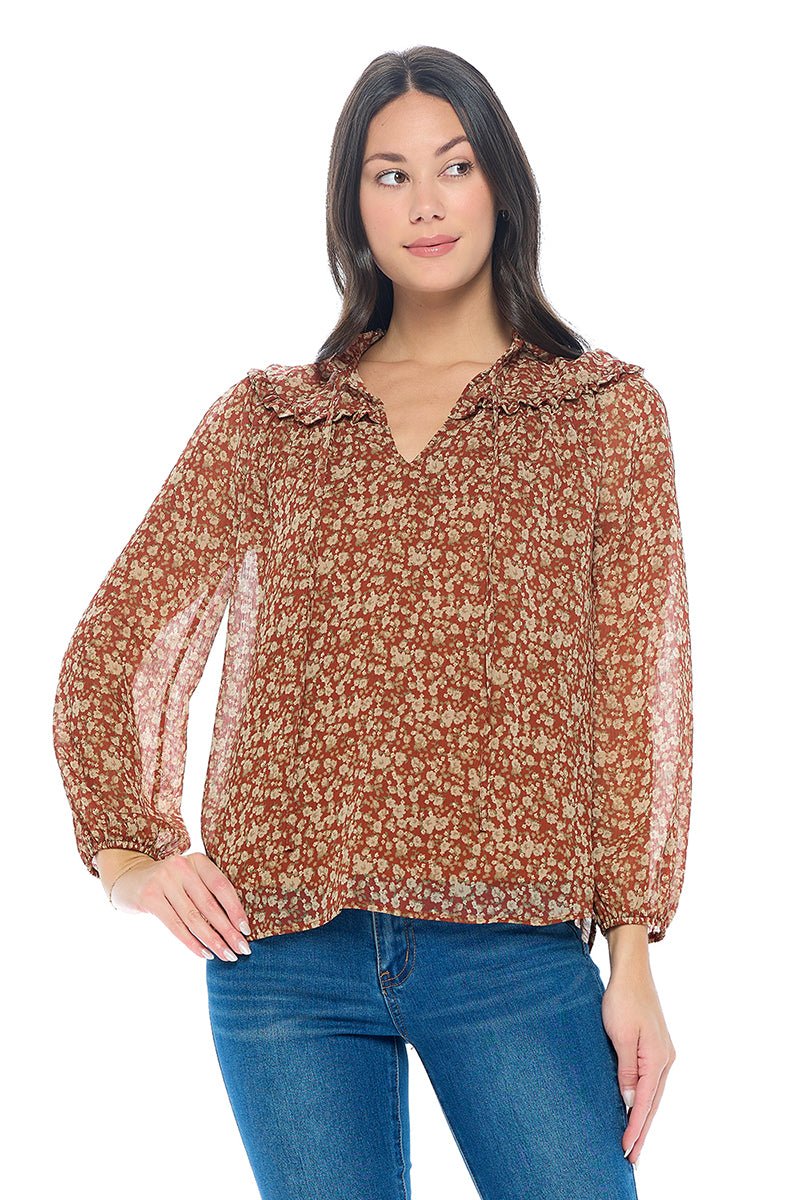 Image of West K Nova Chiffon Ruffle Long Sleeve Blouses Rust Ditzy Floral