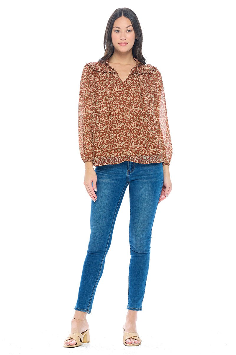 Image of West K Nova Chiffon Ruffle Long Sleeve Blouses Rust Ditzy Floral