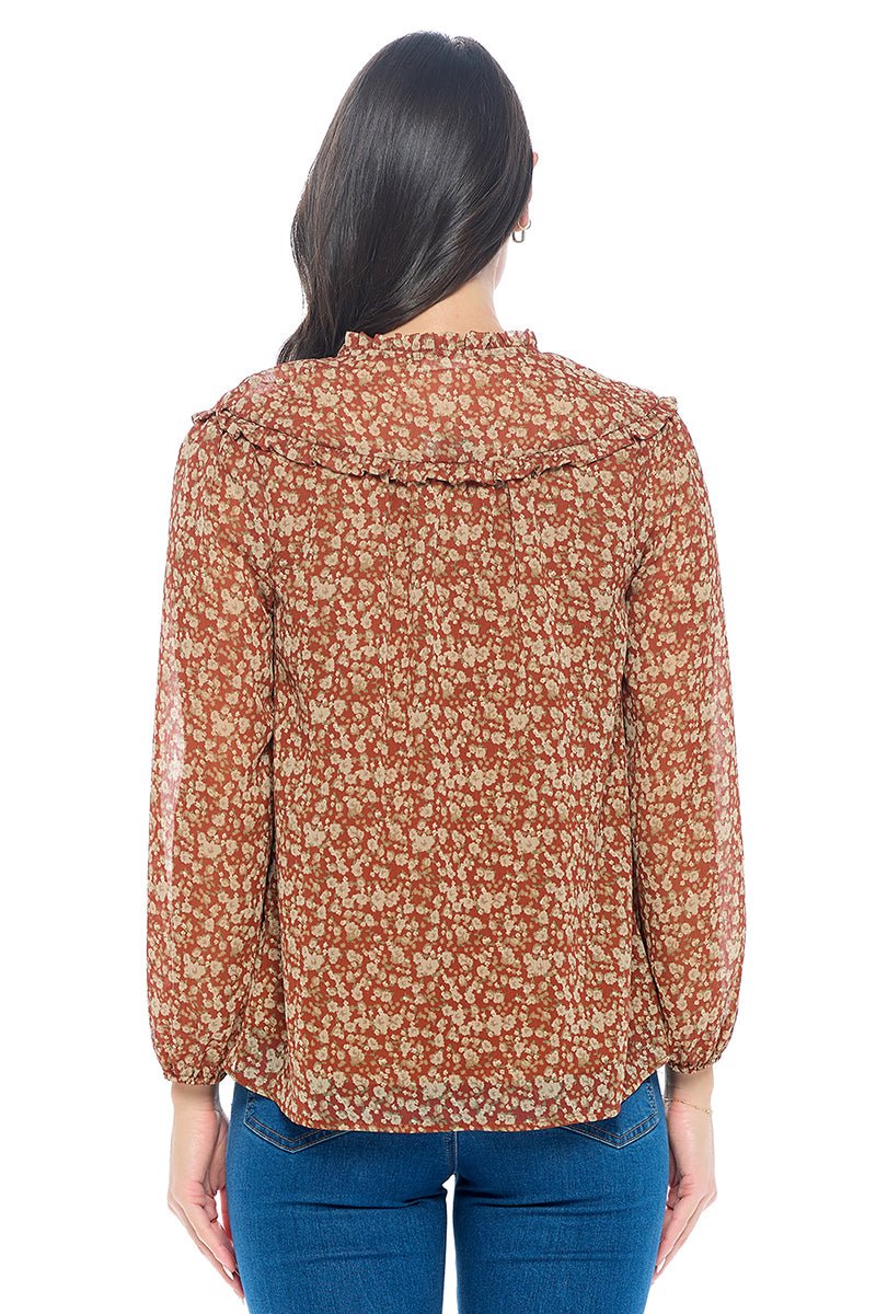 Image of West K Nova Chiffon Ruffle Long Sleeve Blouses Rust Ditzy Floral