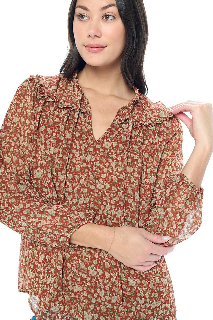 Image of West K Nova Chiffon Ruffle Long Sleeve Blouses Rust Ditzy Floral