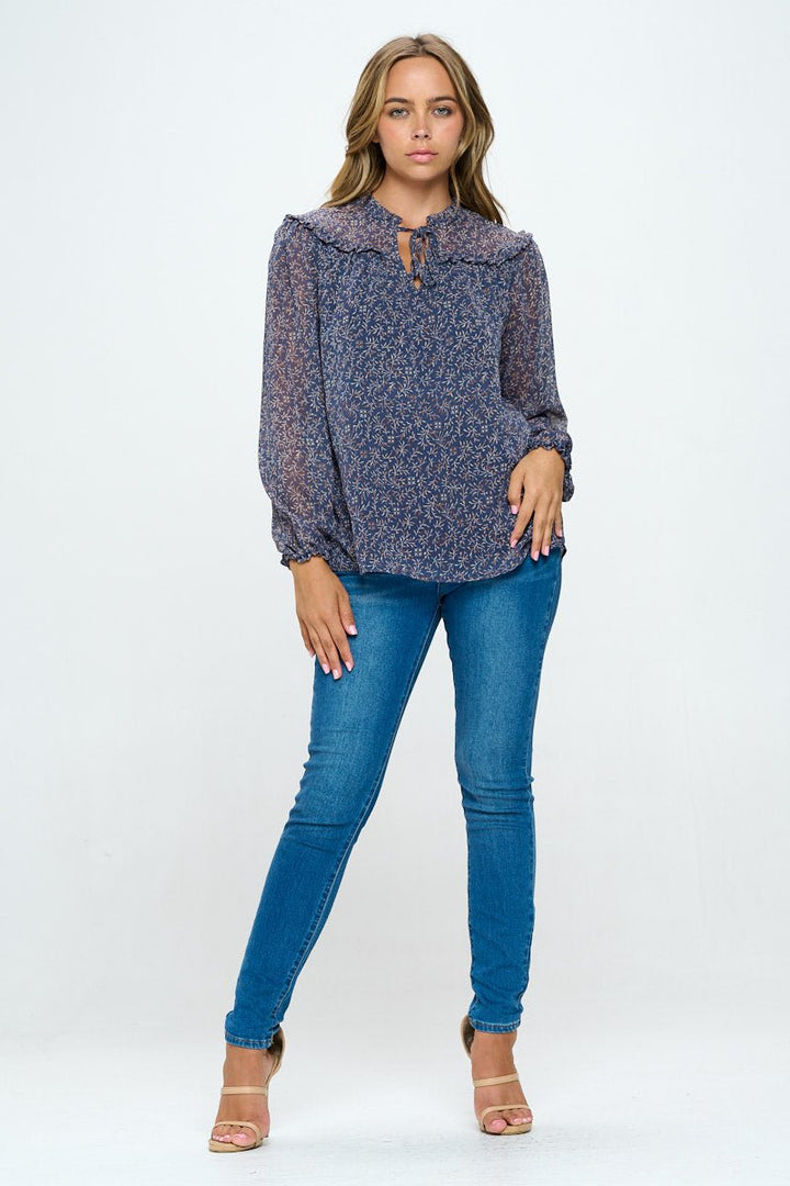 Image of West K Nova Chiffon Ruffle Long Sleeve Blouses Slate Blue Leaf