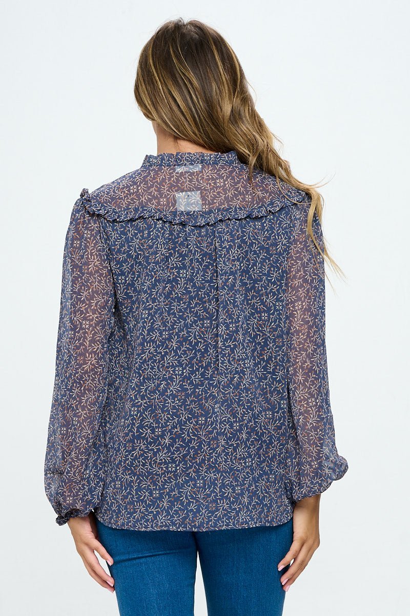 Image of West K Nova Chiffon Ruffle Long Sleeve Blouses Slate Blue Leaf