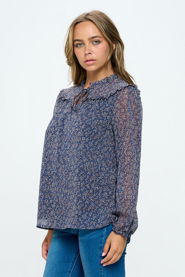 Image of West K Nova Chiffon Ruffle Long Sleeve Blouses Slate Blue Leaf