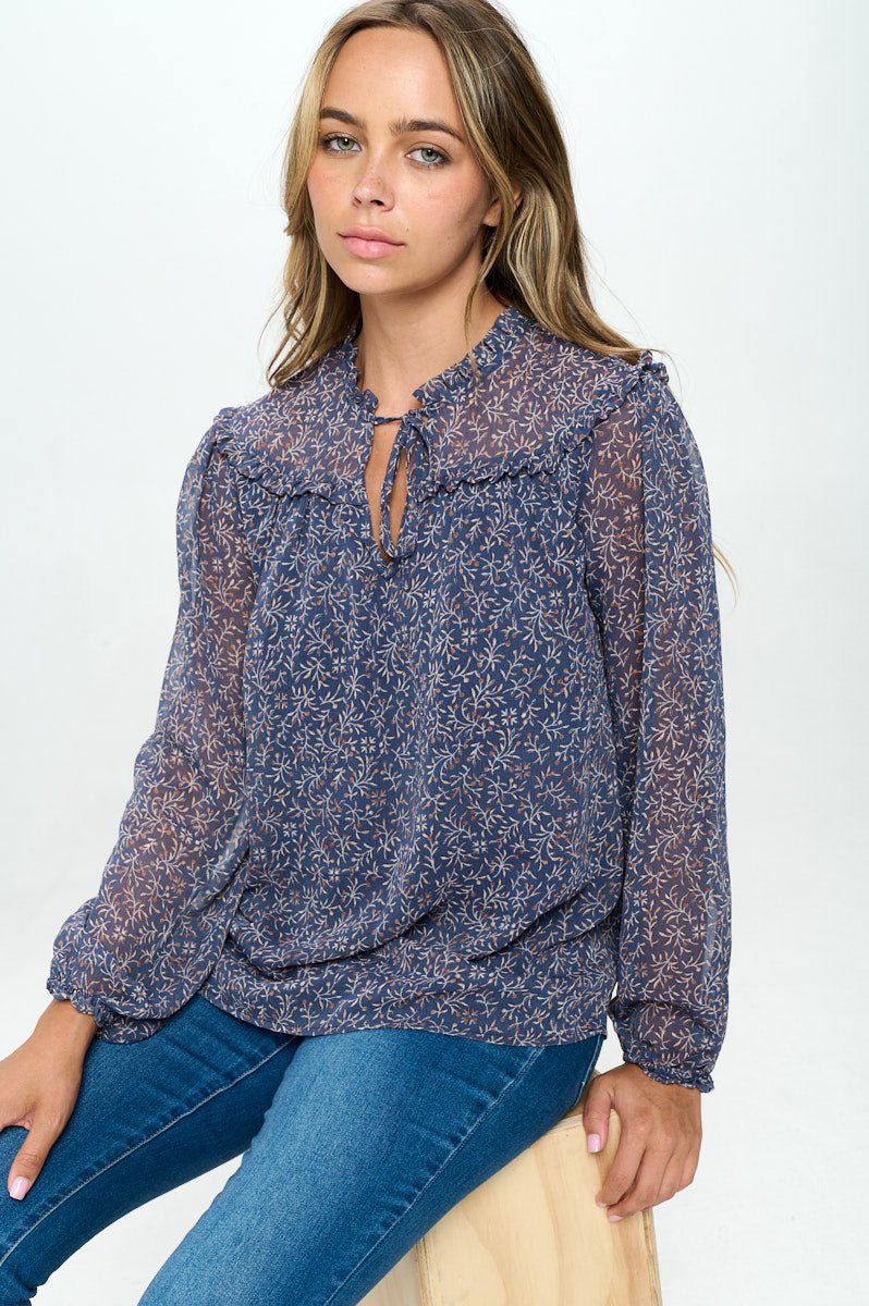 Image of West K Nova Chiffon Ruffle Long Sleeve Blouses Slate Blue Leaf