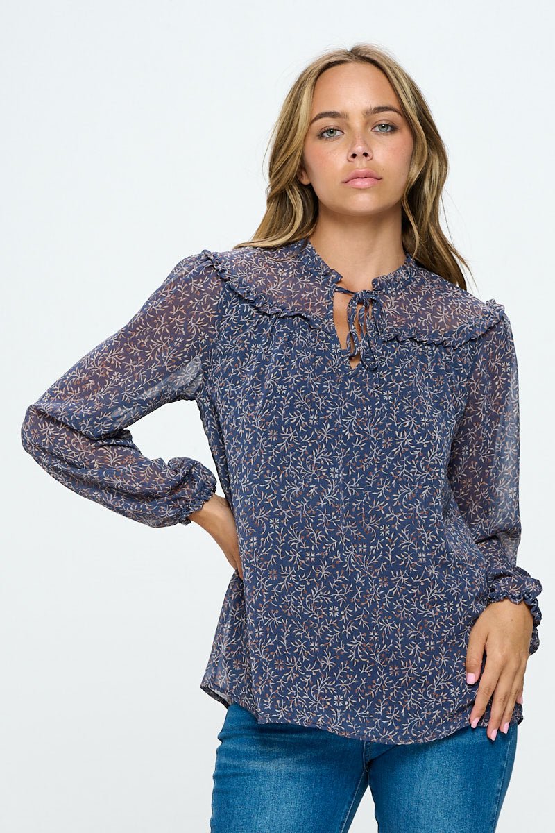 Image of West K Nova Chiffon Ruffle Long Sleeve Blouses Slate Blue Leaf