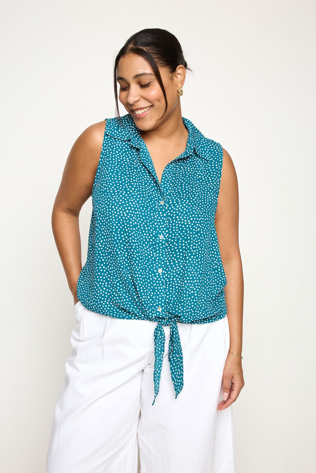 Image of West K Nyla Plus Size Sleeveless Tie Front Collar Top Teal White Dots