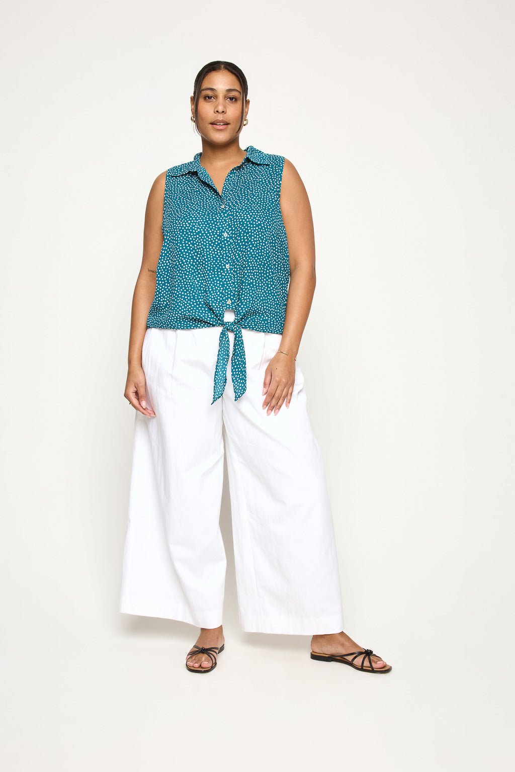 Image of West K Nyla Plus Size Sleeveless Tie Front Collar Top Teal White Dots