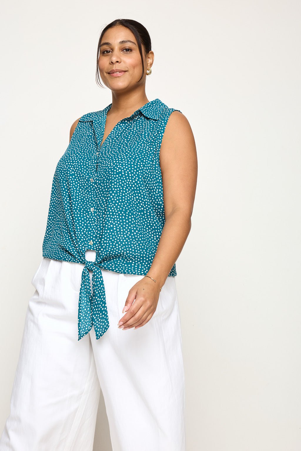 Image of West K Nyla Plus Size Sleeveless Tie Front Collar Top Teal White Dots