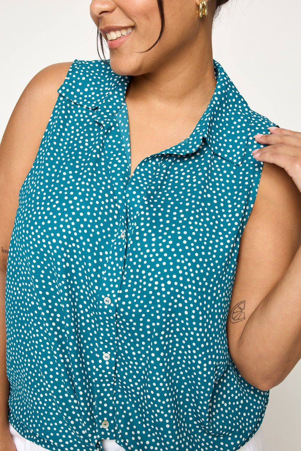 Image of West K Nyla Plus Size Sleeveless Tie Front Collar Top Teal White Dots