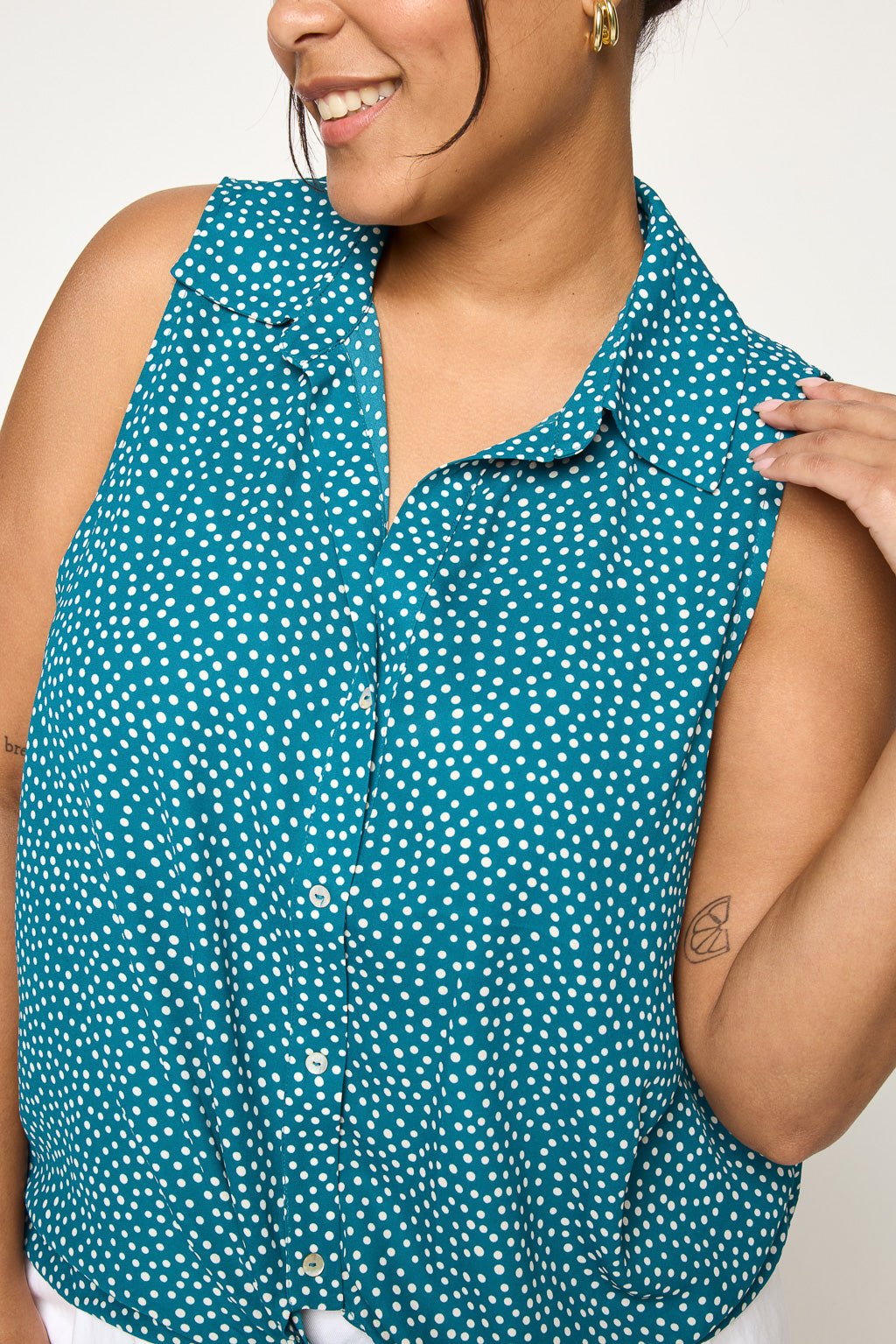 Image of West K Nyla Plus Size Sleeveless Tie Front Collar Top Teal White Dots