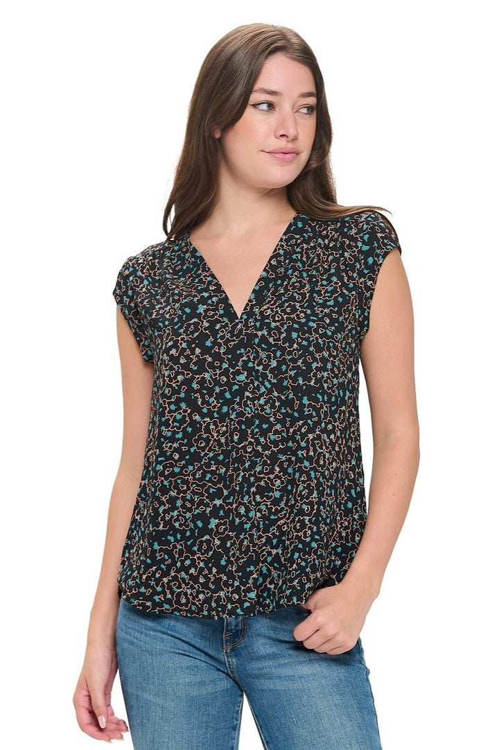 Image of West K Olivia Cap Sleeve V - Neck Top Black Green Ditzy