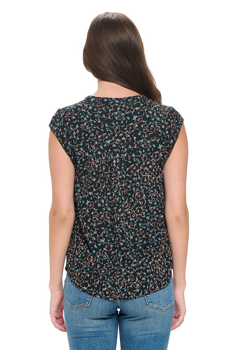 Image of West K Olivia Cap Sleeve V - Neck Top Black Green Ditzy