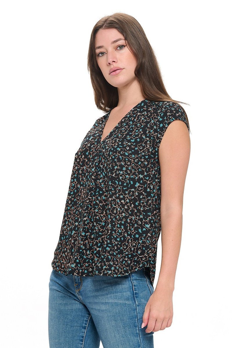 Image of West K Olivia Cap Sleeve V - Neck Top Black Green Ditzy