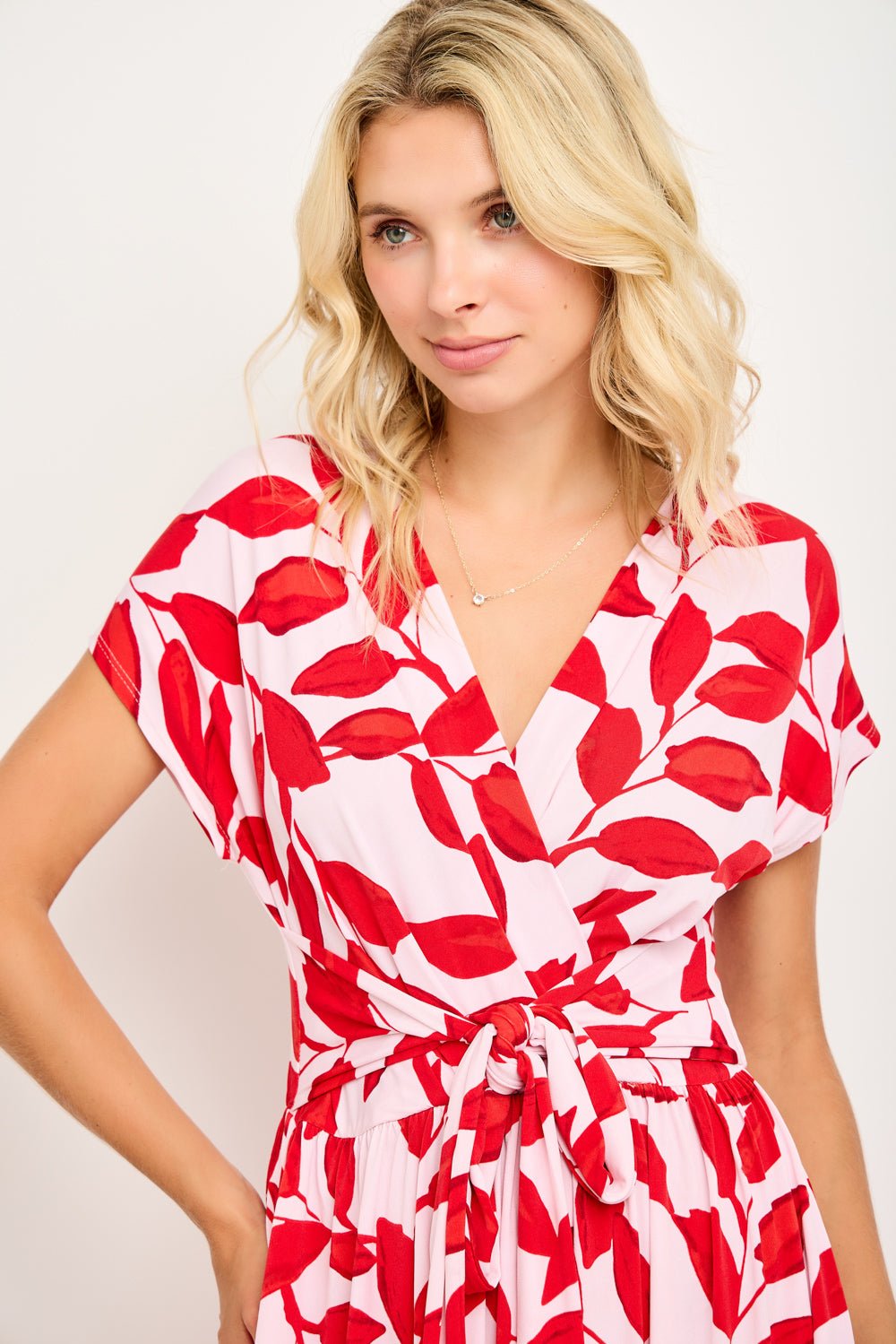 Image of West K Oona Surplice Tie - Waist Midi Dress Red Combo Floral