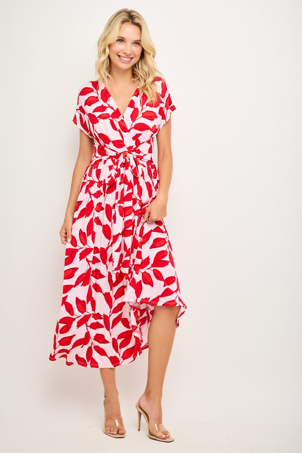 Image of West K Oona Surplice Tie - Waist Midi Dress Red Combo Floral