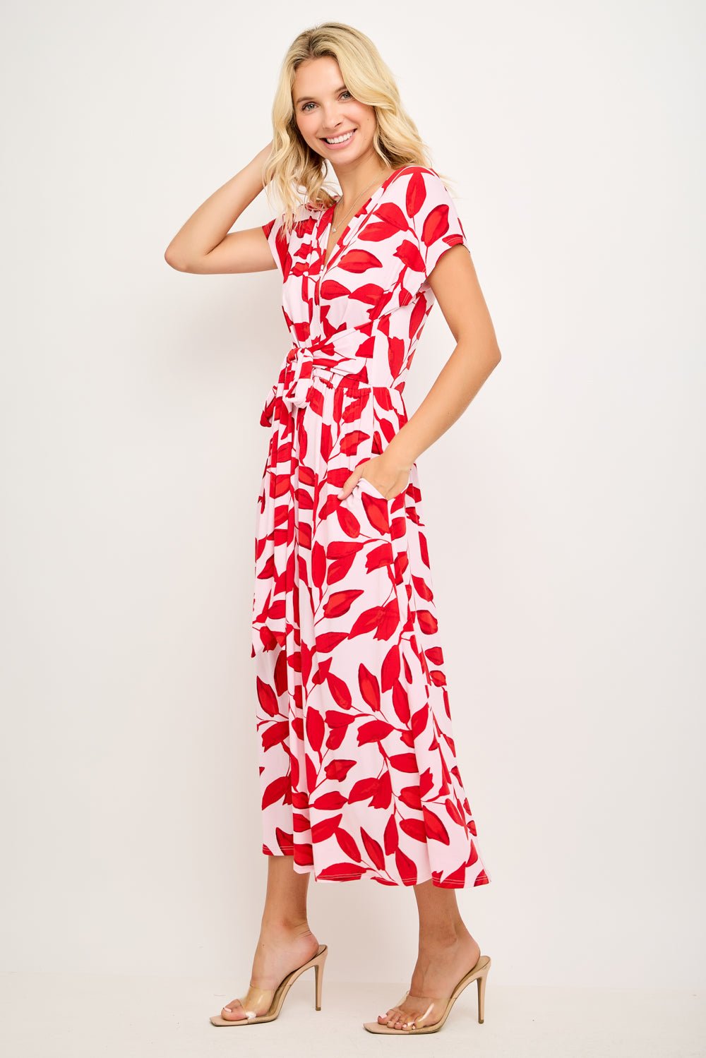 Image of West K Oona Surplice Tie - Waist Midi Dress Red Combo Floral
