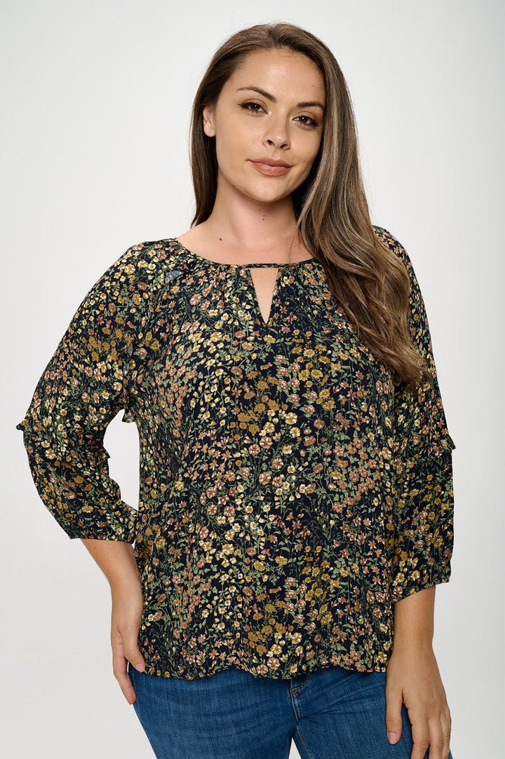 Image of West K Paislee Plus Size Ruffle Sleeve Woven Blouse Black Ditzy Multi