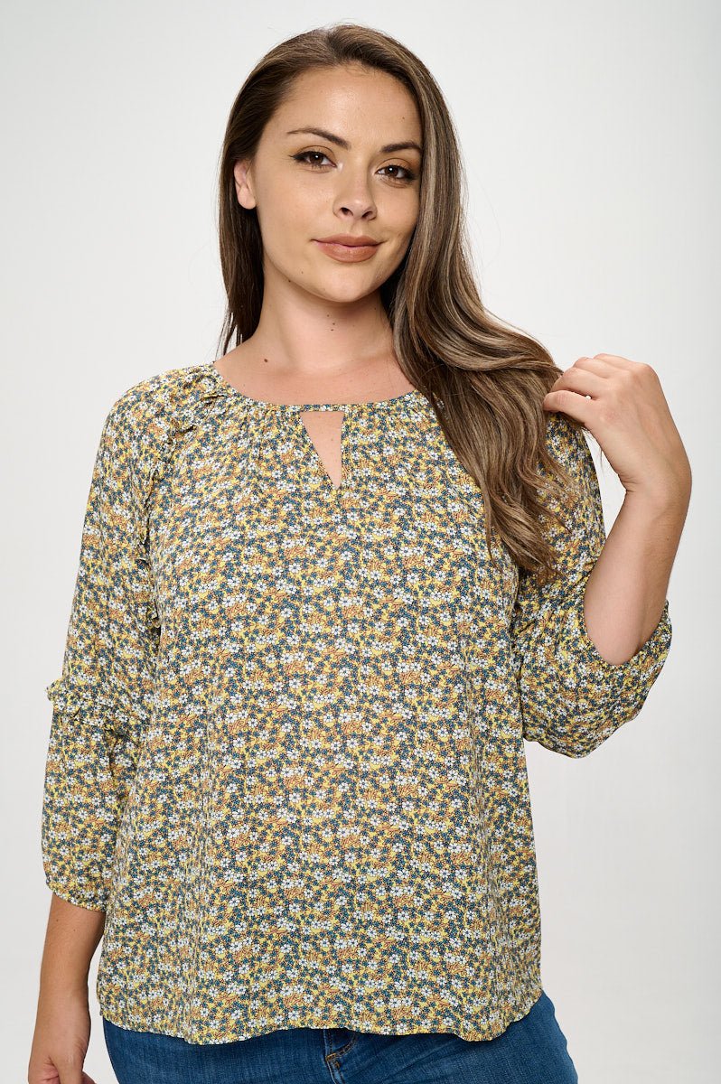 Image of West K Paislee Plus Size Ruffle Sleeve Woven Blouse Yellow Ditzy Floral