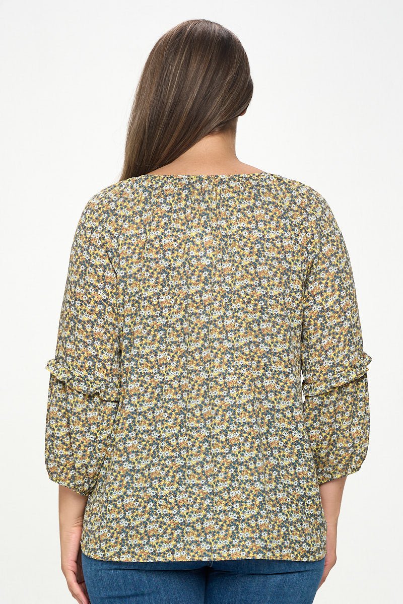 Image of West K Paislee Plus Size Ruffle Sleeve Woven Blouse Yellow Ditzy Floral