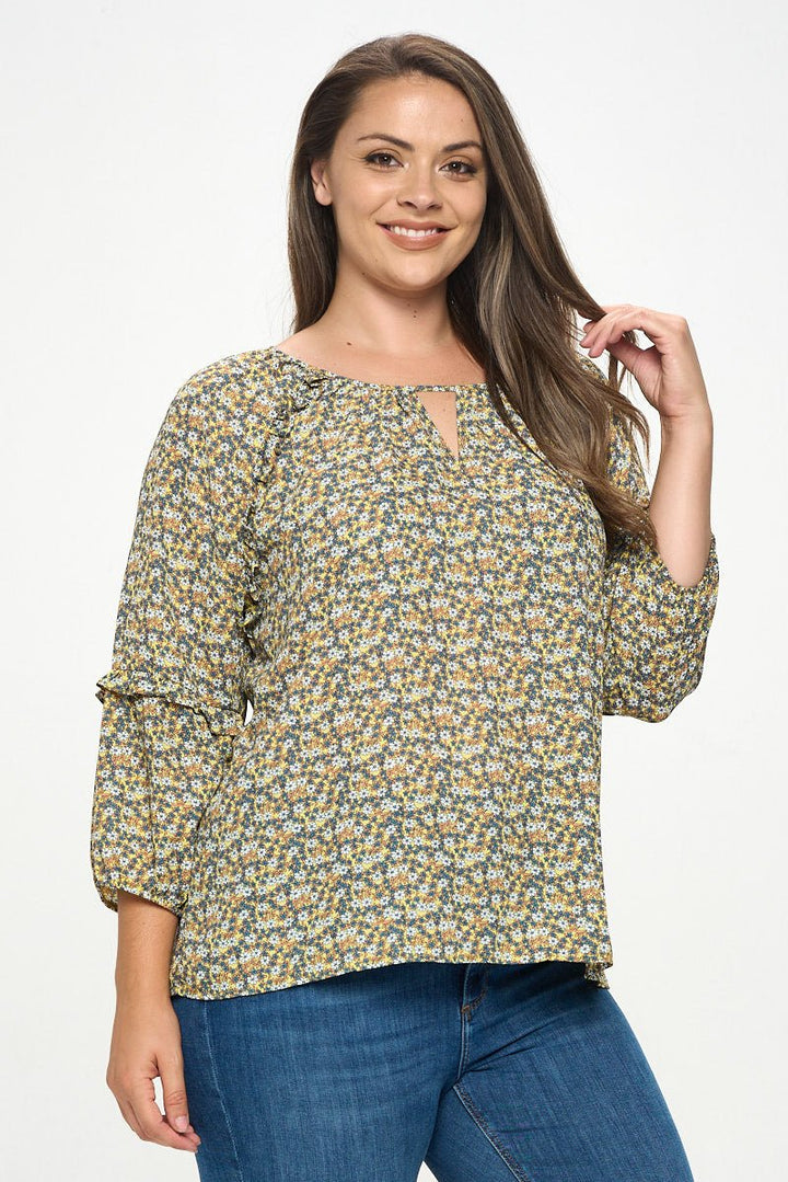 Image of West K Paislee Plus Size Ruffle Sleeve Woven Blouse Yellow Ditzy Floral