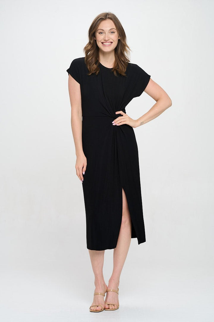 Image of West K Parker Crew - Neck Short Sleeve Knob - Front Midi Dress with Slits Black