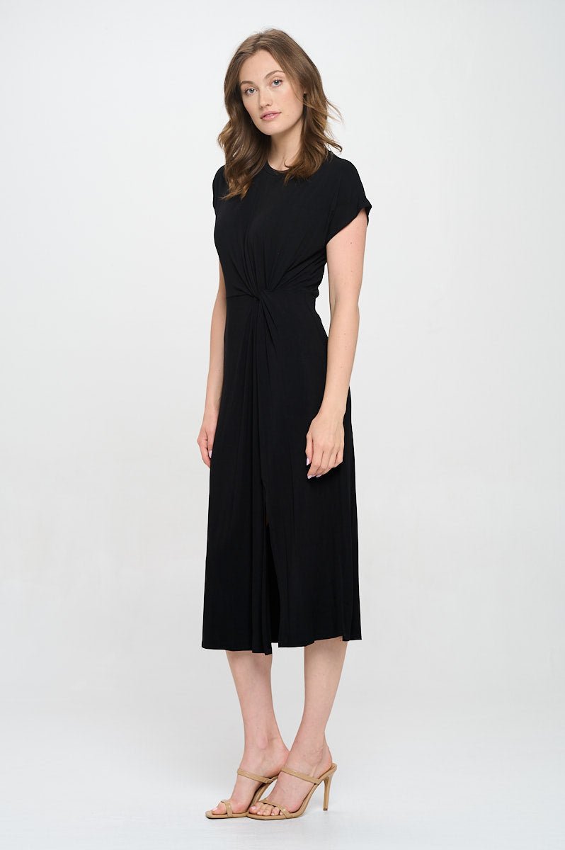 Image of West K Parker Crew - Neck Short Sleeve Knob - Front Midi Dress with Slits Black