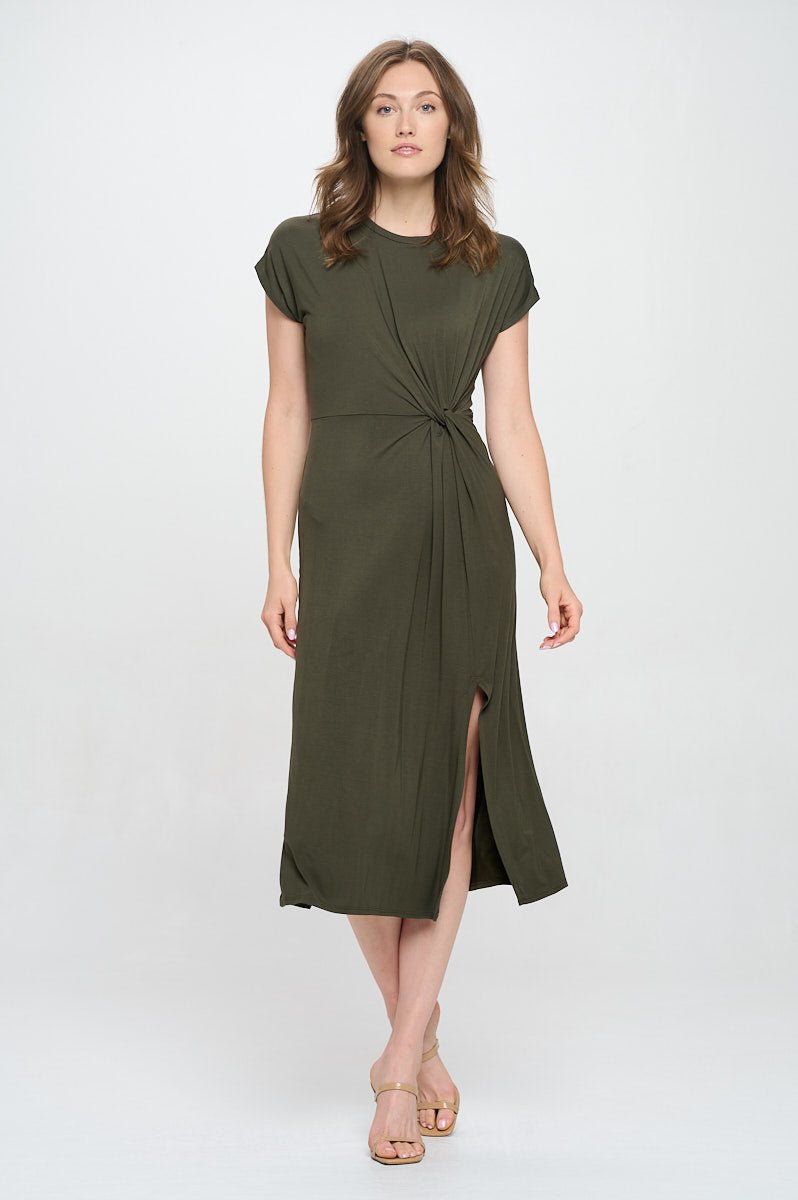 Image of West K Parker Crew - Neck Short Sleeve Knob - Front Midi Dress with Slits Olive Green