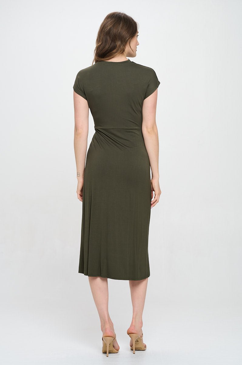 Image of West K Parker Crew - Neck Short Sleeve Knob - Front Midi Dress with Slits Olive Green