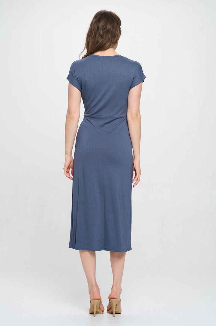 Image of West K Parker Crew - Neck Short Sleeve Knob - Front Midi Dress with Slits Slate Blue