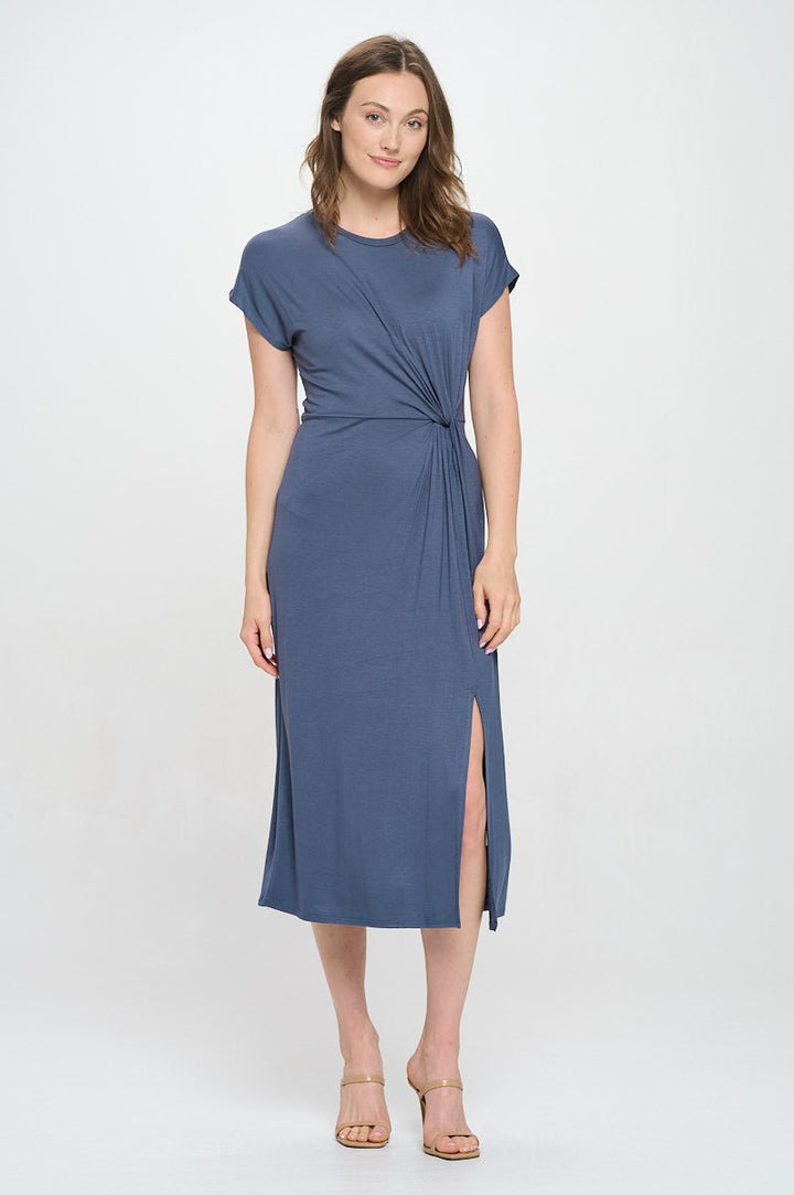 Image of West K Parker Crew - Neck Short Sleeve Knob - Front Midi Dress with Slits Slate Blue