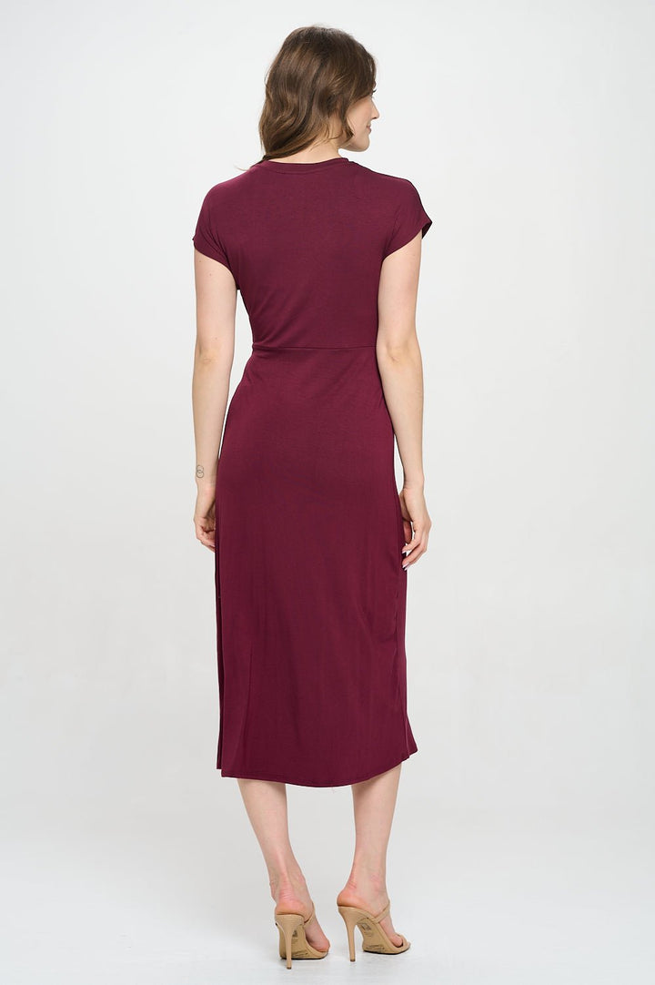 Image of West K Parker Crew - Neck Short Sleeve Knob - Front Midi Dress with Slits Wine