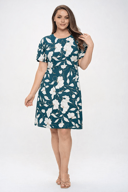 Image of West K Plus Size Short Sleeve Fit-and-Flare Knit Dress Green Floral