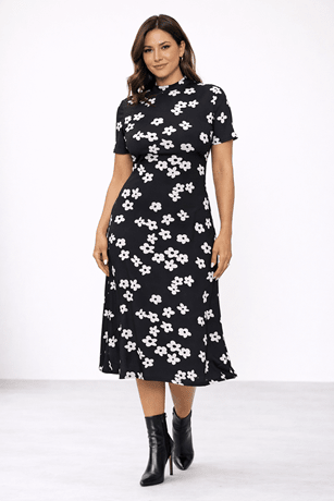 Image of West K Plus Size Short Sleeve Mock Neck Midi Dress Black Daisy