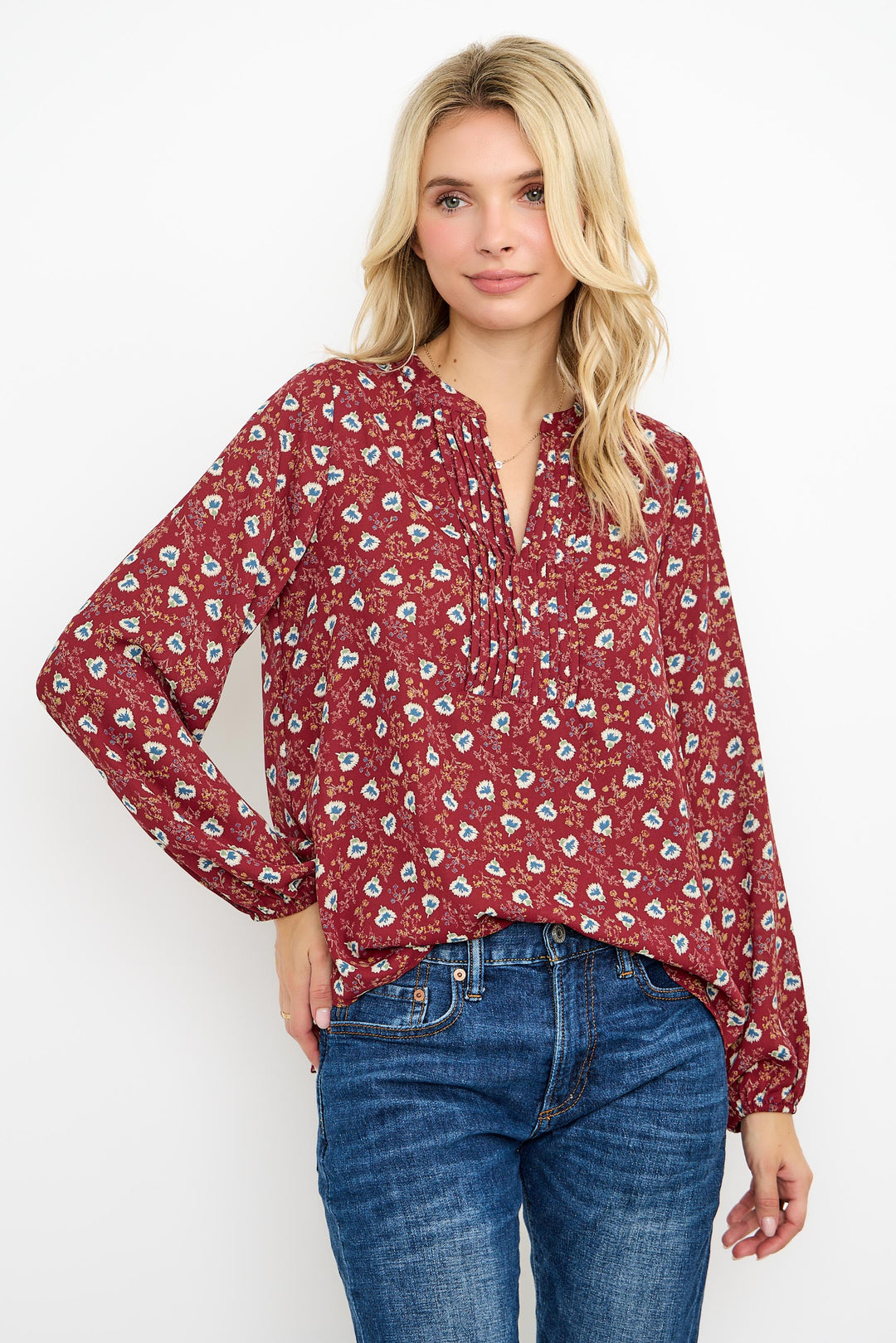 Image of West K Printed Pintuck Split-Neck Blouse Wine Blue Floral