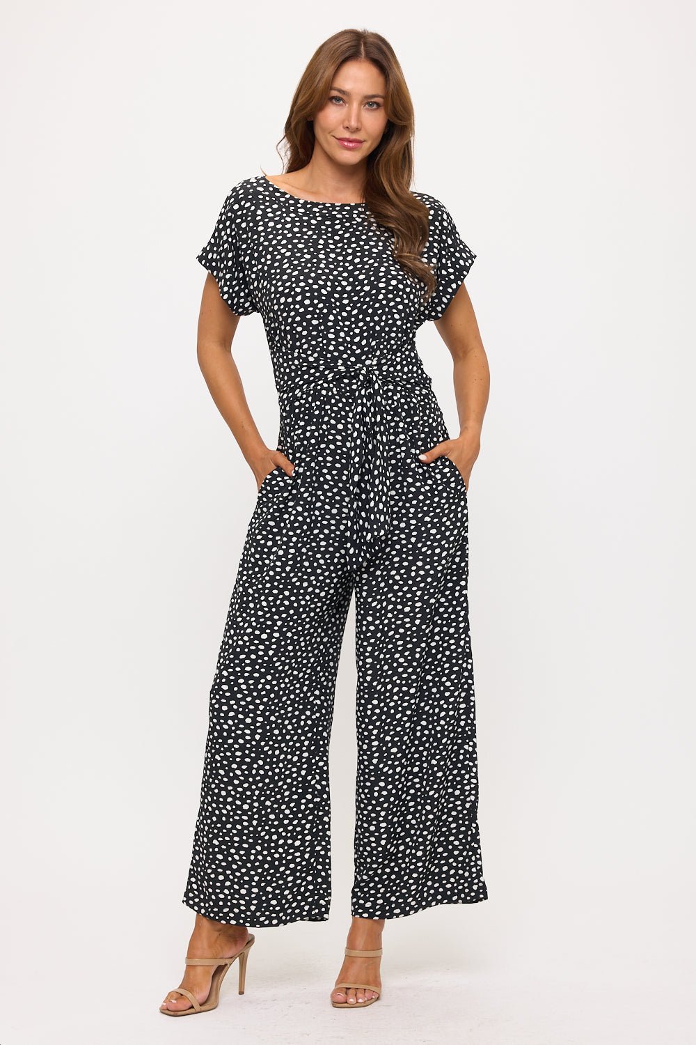 Image of West K Priya Dolman Sleeve Tie Front Jumpsuit Blk/Wht Multi