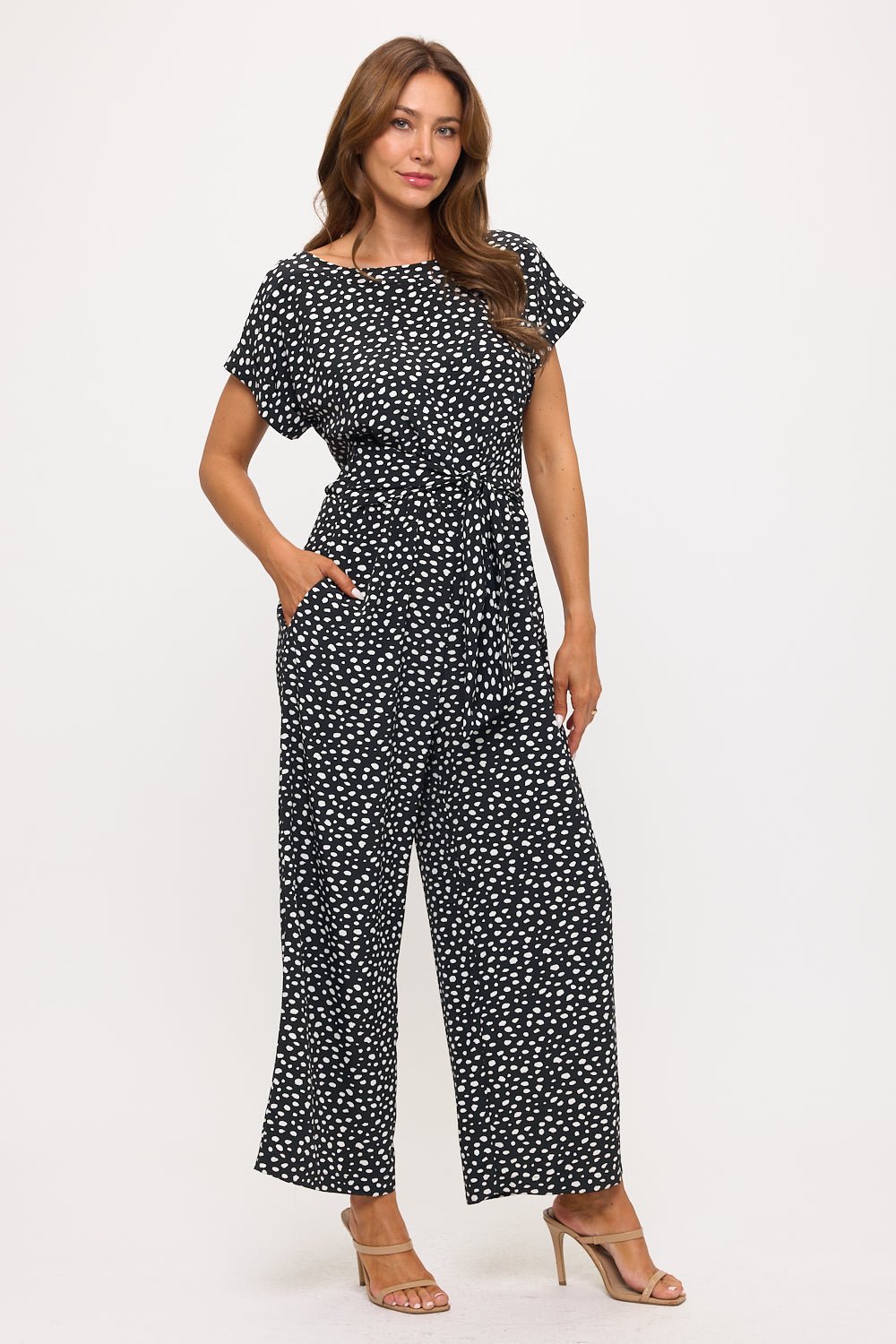 Image of West K Priya Dolman Sleeve Tie Front Jumpsuit Blk/Wht Multi