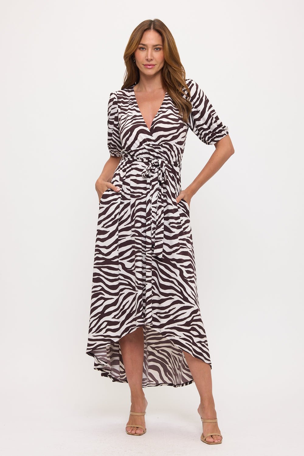 Image of West K Puff Sleeve High-Low Midi Dress Brown Zebra